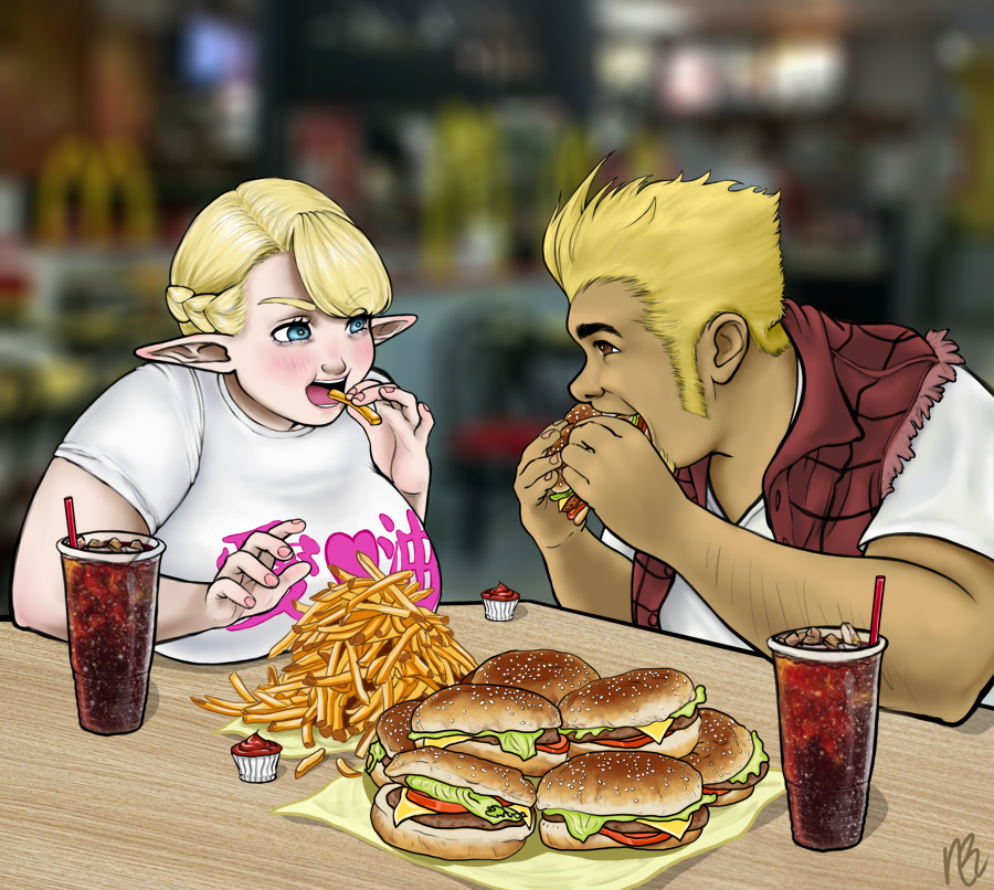 Plus-Sized Elf and Coop eating some fast food, 2025